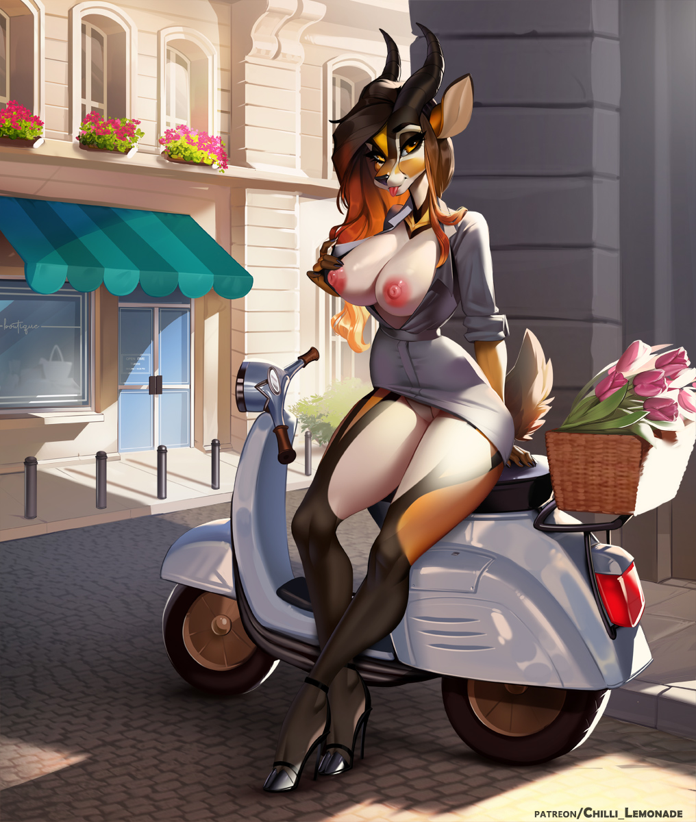 antelope anthro aomori areola bedroom_eyes bouquet bovid clothed clothing cobblestone cobblestone_streets female flashing flashing_breasts flower flower_bouquet footwear gazelle gradient_hair hair hi_res high_heels horn looking_at_viewer mammal moped narrowed_eyes nipples open_clothing open_shirt open_topwear orange_eyes panties paris plant seductive shirt solo tongue tongue_out topwear underwear vehicle zahra_(airheart)