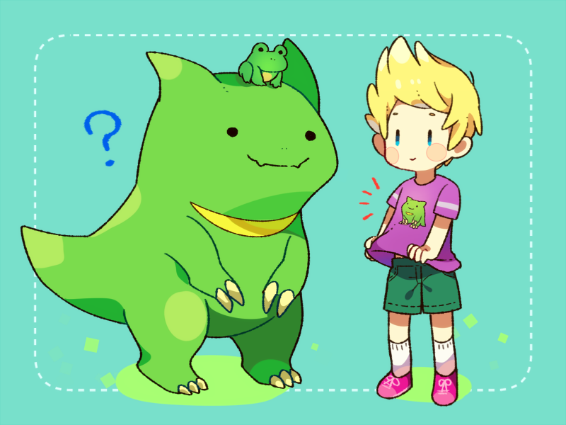 0mzum1 1boy ? animal_on_head aqua_background black_eyes blonde_hair blue_eyes blush claws closed_mouth commentary_request drago fangs frog green_shorts looking_at_another lucas_(mother_3) mother_(game) mother_3 notice_lines on_head pink_footwear print_shirt purple_shirt quiff shirt shoes short_hair short_sleeves shorts simple_background skin_fangs smile socks solid_circle_eyes standing t-shirt white_socks