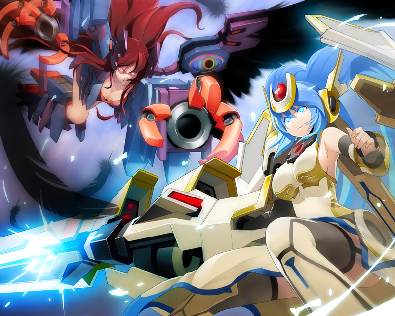 2girls arm_cannon bare_shoulders black_feathers black_wings blue_eyes blue_hair breasts claw_(weapon) cleavage cosmic_break detached_sleeves feathers glowing glowing_eyes headgear huge_weapon kisrill large_breasts lily_rain lily_rain_eve long_hair mecha_musume multiple_girls red_hair sideboob thighhighs twintails wakaba_sprout weapon wings