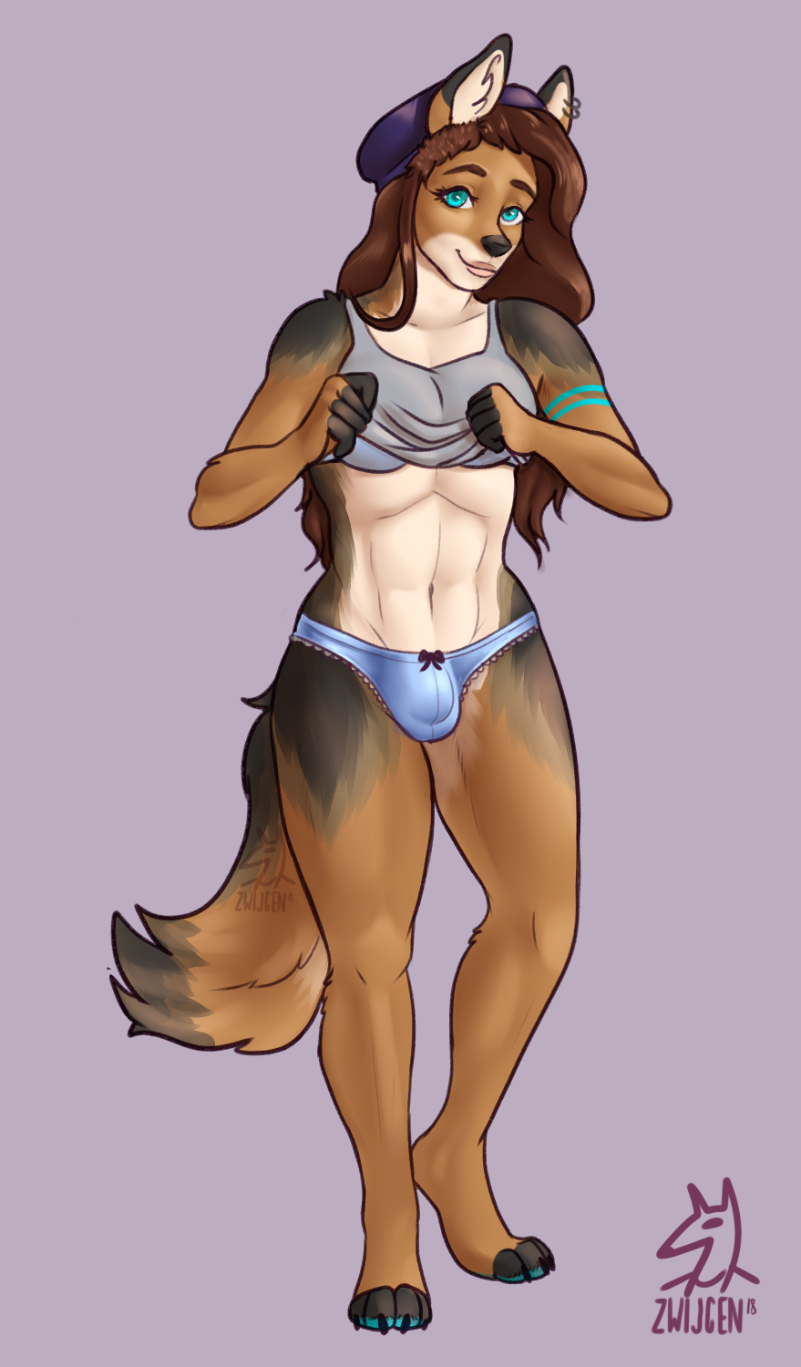 abs athletic beanie blue_eyes blue_panties breasts brown_hair bulge canine clothed clothing dickgirl digitigrade eye_contact hair hat intersex lips long_hair mammal markings panties piercing skimpy slim solo thick_thighs trans_character underwear wide_hips wolf zwijgen