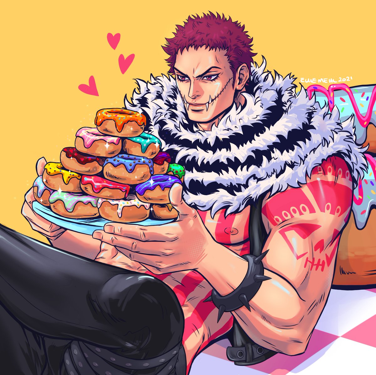 1boy arm_tattoo black_pants charlotte_katakuri crossed_legs doughnut ellie_mehl english_commentary eyelashes food heart holding holding_plate lying male_focus one_piece pants plate purple_hair scarf short_hair smile solo tattoo