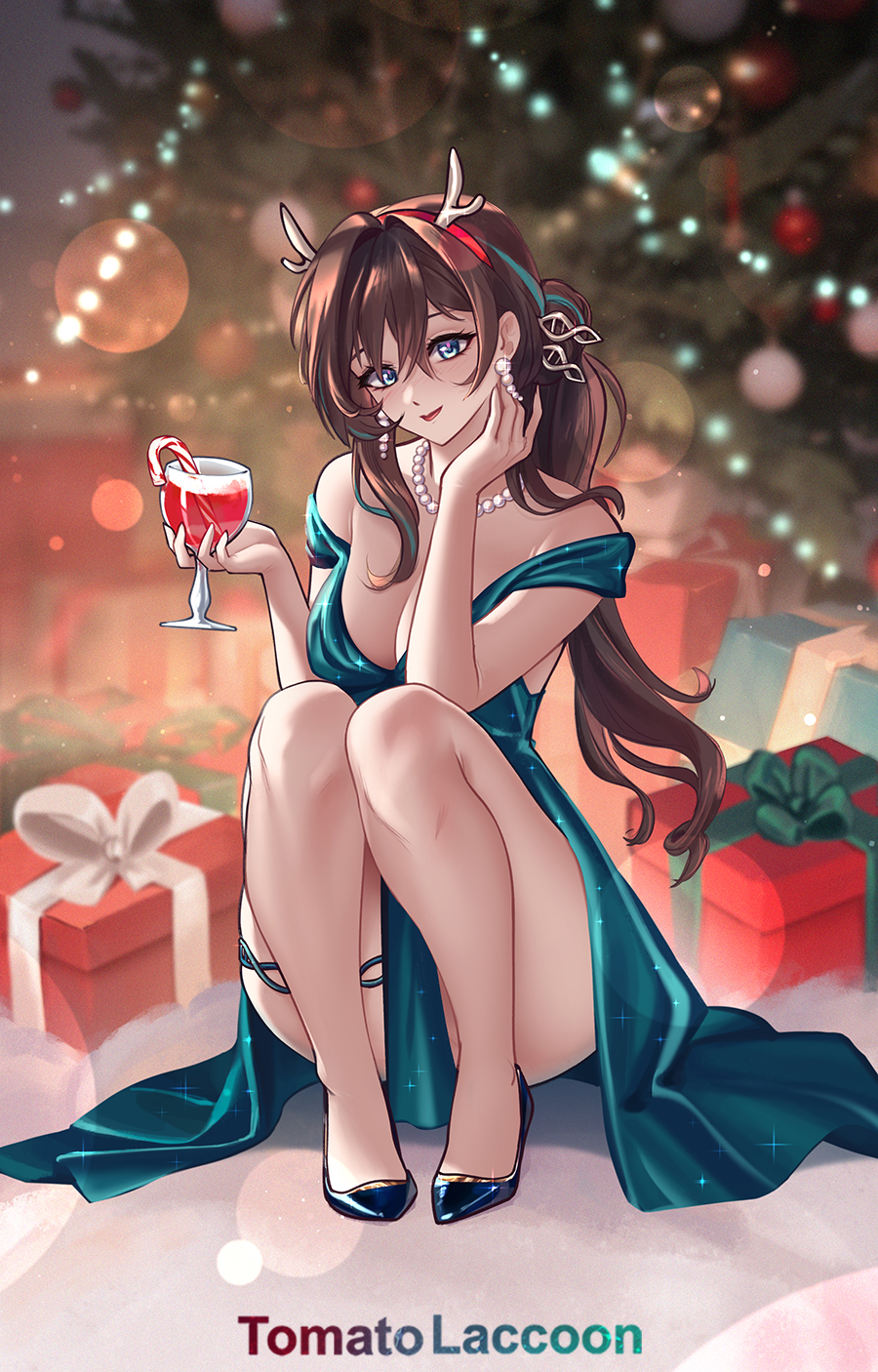 1girl bare_legs bare_shoulders bead_necklace beads black_hair blue_dress blue_eyes box commentary cup cupping_glass dress fake_antlers gift gift_box hair_between_eyes hands_up highres holding holding_cup honkai:_star_rail honkai_(series) jewelry long_hair looking_at_viewer necklace off-shoulder_dress off_shoulder ponytail red_lips ruan_mei_(honkai:_star_rail) short_sleeves smile solo squatting thighs tomatolacoon very_long_hair