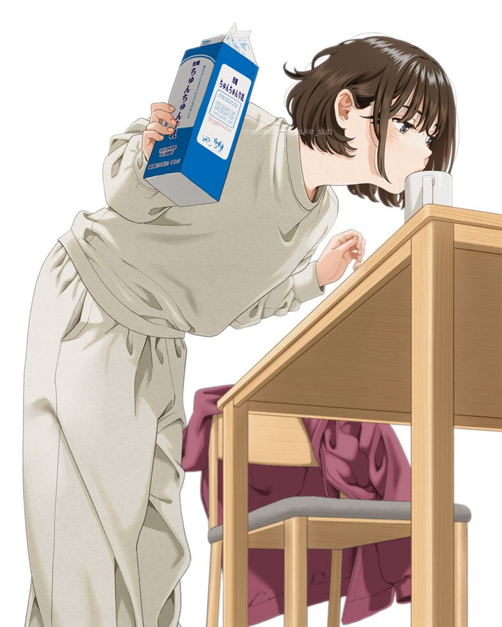 1girl baggy_clothes baggy_pants bob_cut brown_hair chair cup drinking eyebrows_hidden_by_hair grey_shirt instagram_username jacket leaning_forward long_sleeves mattaku_mousuke milk_carton mug original pants pink_jacket shirt short_hair sweatpants table white_background