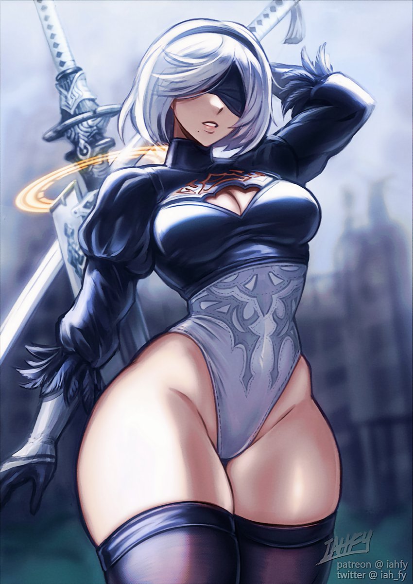 1girl 2b_(nier:automata) black_blindfold black_hairband black_thighhighs blindfold breasts cleavage clothing_cutout covered_eyes gloves hairband highres iahfy juliet_sleeves leotard long_sleeves mole mole_under_mouth nier:automata nier_(series) parted_lips puffy_sleeves short_hair solo thick_thighs thighhighs thighs white_hair wide_hips
