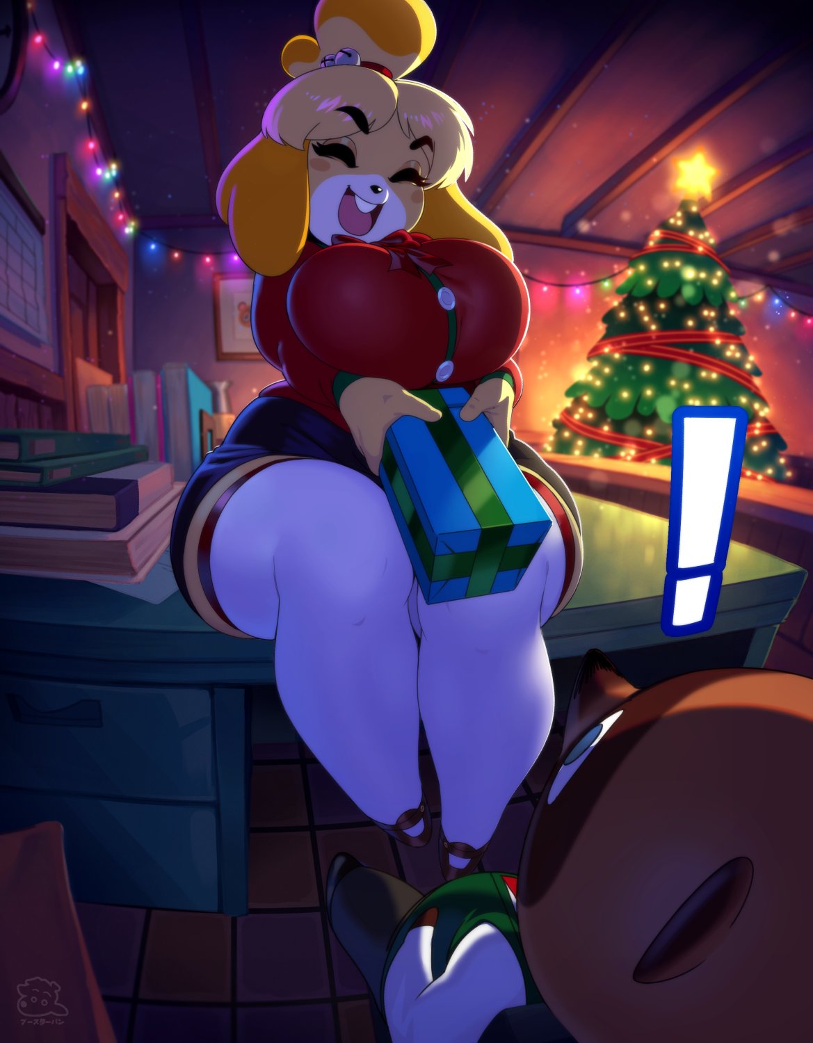 2020 animal_crossing anthro artist_logo boosterpang brown_body canid canine canis christmas christmas_lights christmas_tree curvy_figure desk domestic_dog duo exclamation_point female furniture gift hair hi_res holidays inside isabelle_(animal_crossing) logo male male/female mammal nintendo plant raccoon_dog shih_tzu sitting sitting_on_desk table tanuki tom_nook_(animal_crossing) toy_dog tree yellow_body