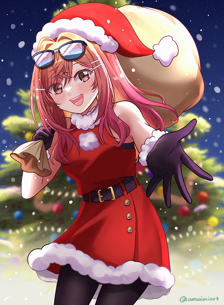 1girl ahoge amai-tapioca belt black-framed_eyewear black_belt black_gloves black_pantyhose blush christmas_tree christmas_tree_hair_ornament colored_inner_hair dress eyewear_on_head fur-trimmed_dress fur-trimmed_gloves fur-trimmed_headwear fur_trim gloves hair_ornament hairpin hat holding holding_sack hololive hololive_dev_is ichijou_ririka long_hair looking_at_viewer multicolored_hair open_mouth orange_eyes orange_hair outstretched_hand pantyhose red_dress red_headwear sack santa_dress santa_hat sleeveless sleeveless_dress smile snowing solo sunglasses virtual_youtuber