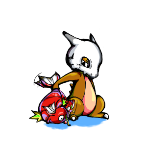 1:1 2009 ambiguous_gender bone cubone duo feral generation_1_pokemon holding_another holding_tail krkr low_res magikarp nintendo pokemon pokemon_(species) simple_background skull skull_head tail tail_grab white_background