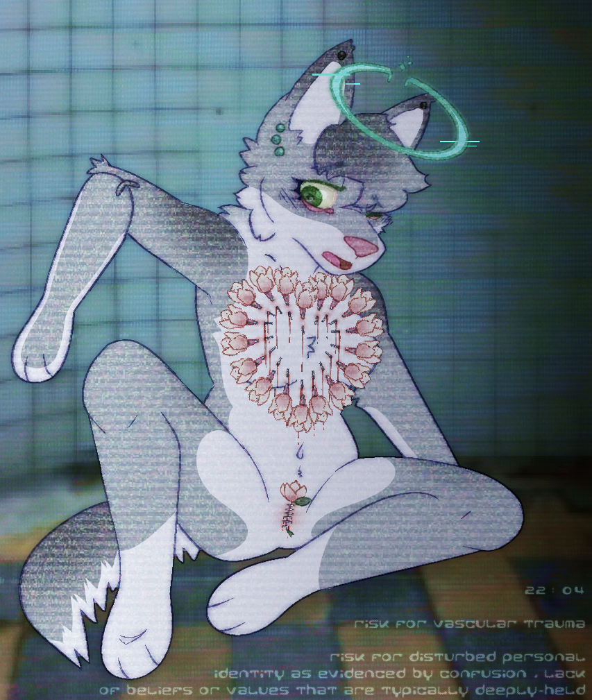 anthro bdsm blood bodily_fluids canid canine canis canistalgia chastity_device chastity_piercing female genital_piercing genitals hybrid mammal medical mind_break pain photo_background photography_(artwork) piercing solo wolfdog