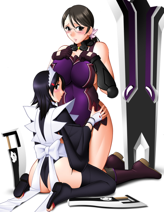 2girls ass bad_source bandages_over_clothes black_eyes black_hair black_thighhighs blush boots breasts butterfly_swords cattleya_(queen's_blade) choker cleavage fingerless_gloves flipped_hair glasses gloves hair_ornament hands_on_another's_hips hands_on_own_chest huge_breasts huge_weapon iroha_(samurai_spirits) japanese_clothes kneeling large_breasts long_hair looking_at_viewer maid maid_headdress mature_female mokkouyou_bond multiple_girls open_mouth panties planted plump ponytail queen's_blade queen's_blade_rebellion queen's_blade_unlimited queen's_blade_white_triangle queen's_gate ribbon samurai_spirits simple_background snk sword thigh_boots thighhighs thighs toes underwear weapon white_background white_ribbon