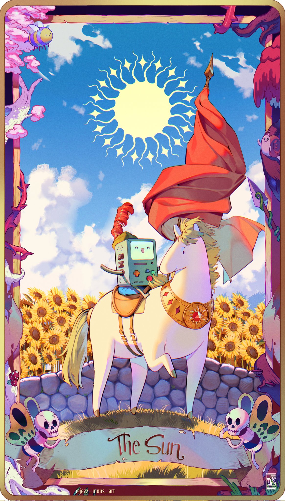 1other adventure_time animal artist_name bmo closed_mouth cloud day flag flower game_console hat hat_feather highres holding holding_flag horse ibispaint_(medium) jezz_mons_art open_mouth outdoors red_flag sky smile sun sunflower tarot the_sun_(tarot) twitter_username white_horse yellow_flower