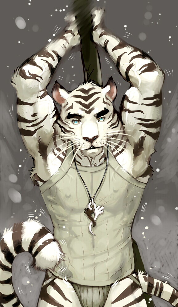 anthro armpit_hair blue_eyes body_hair bulge clothing felid fur looking_at_viewer male mammal nipples pantherine pockyrumz shirt solo stripes tank_top tiger topwear underwear white_body white_fur