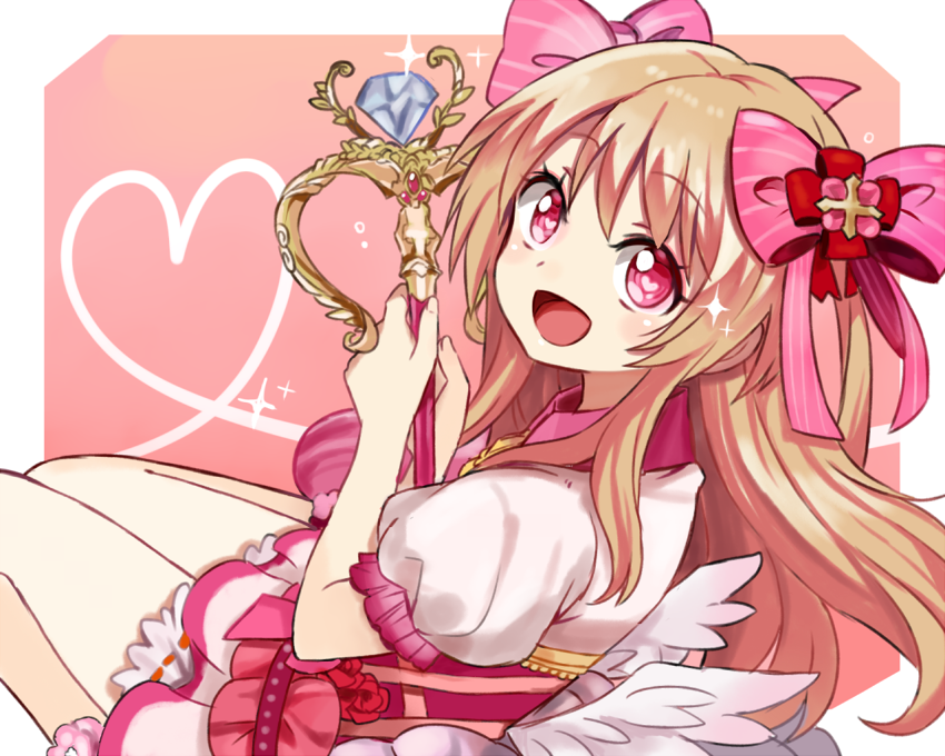 1girl blonde_hair bloomers border chaos_marie_(grimms_notes) cu-sith gradient_background grimms_notes hair_ribbon heart heart-shaped_pupils holding holding_wand holding_weapon jewelry long_hair open_mouth pendant pink_background pink_eyes puffy_short_sleeves puffy_sleeves ribbon short_sleeves smile sparkle symbol-shaped_pupils wand weapon white_border wings