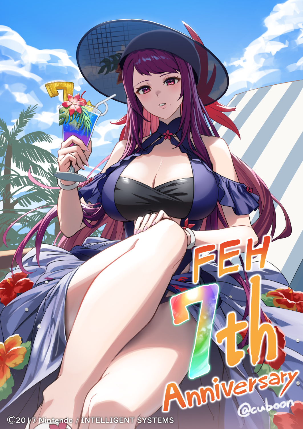 1girl anniversary bare_shoulders black_headwear blue_one-piece_swimsuit breasts casual_one-piece_swimsuit cleavage cuboon dress_swimsuit english_text fire_emblem fire_emblem_engage fire_emblem_heroes flower hat highres ivy_(fire_emblem) ivy_(summer)_(fire_emblem) large_breasts long_hair looking_at_viewer mole mole_under_mouth official_alternate_costume official_art one-piece_swimsuit purple_eyes purple_hair solo swimsuit