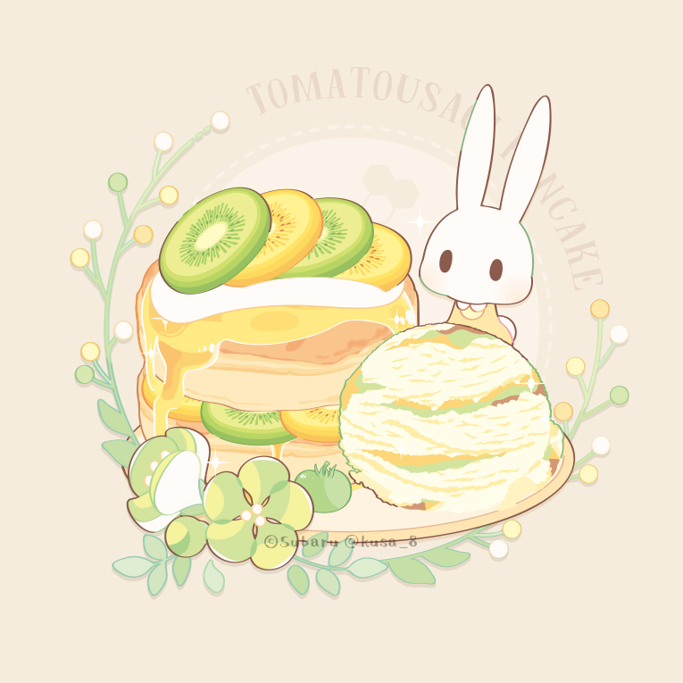 animal commentary_request flower food food_focus fruit garnish green_flower ice_cream kiwi_(fruit) kiwi_slice leaf no_humans original pancake plate rabbit solid_oval_eyes sparkle subaru_(jack) syrup twitter_username vanilla