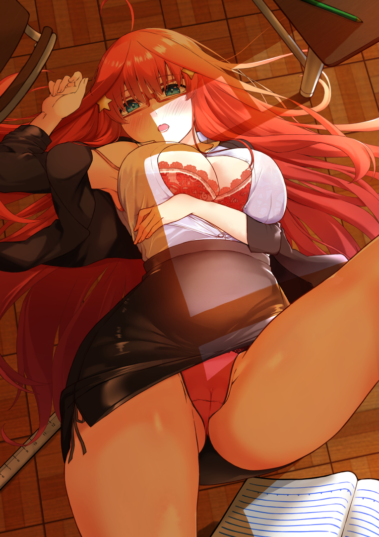 1girl ahoge arm_under_breasts arm_up armpits ass_visible_through_thighs black_skirt blue_eyes blush bra breasts cleavage fallen_down feet_out_of_frame glasses go-toubun_no_hanayome gusset hair_ornament hairclip indoors lace lace_bra large_breasts long_hair looking_at_viewer lying nakano_itsuki notebook off_shoulder on_back on_floor open_clothes open_mouth open_shirt panties pantyshot pencil_skirt rectangular_eyewear red-framed_eyewear red_bra red_hair red_panties skirt solo teacher thighs underwear very_long_hair yakutashi