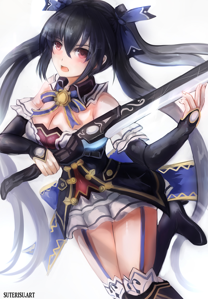 :o bad_id bad_pixiv_id bare_shoulders black_hair blush boots breasts cleavage detached_collar detached_sleeves garter_straps hair_between_eyes hair_ribbon high_heel_boots high_heels holding holding_sword holding_weapon long_hair looking_at_viewer medium_breasts neptune_(series) noire red_eyes ribbon ribbon-trimmed_skirt ribbon-trimmed_sleeves ribbon_trim simple_background solo standing standing_on_one_leg suterisu sword thighhighs twintails very_long_hair weapon white_background