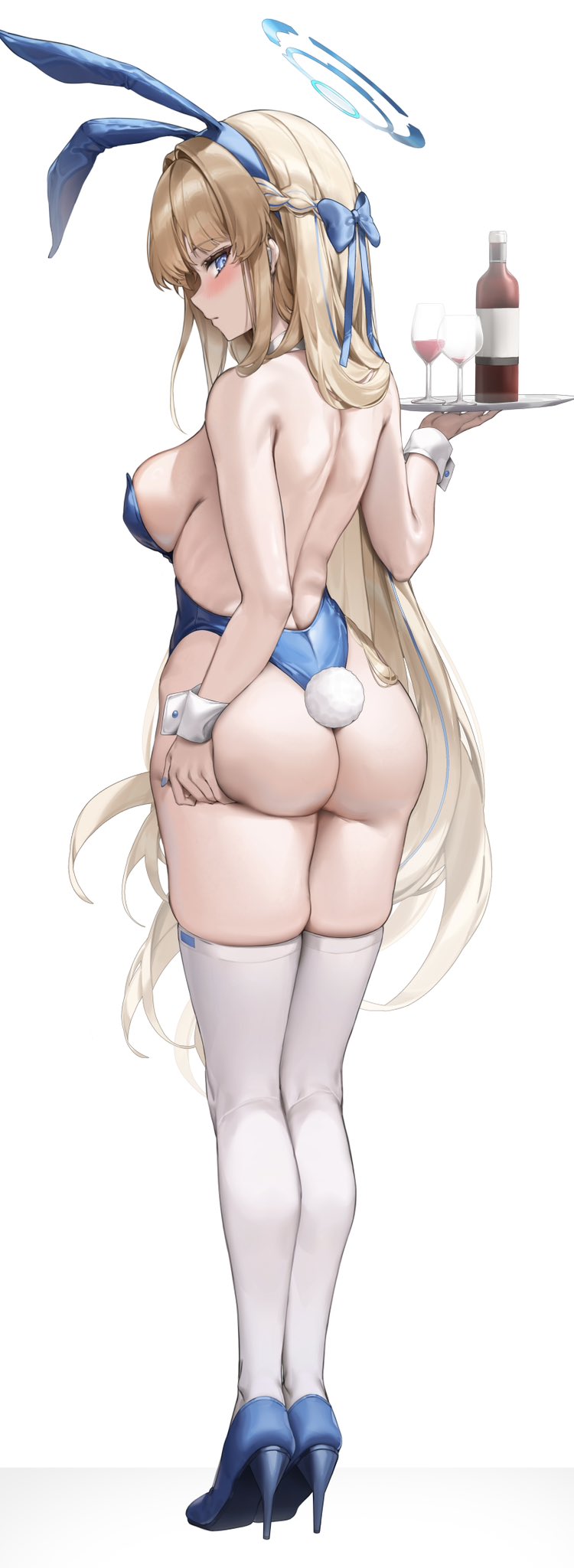 1girl animal_ears ass back backless_leotard bare_shoulders blonde_hair blue_archive blue_eyes blue_footwear blue_hair blue_hairband blue_halo blue_leotard blush breasts closed_mouth fake_animal_ears fake_tail from_behind hairband halo high_heels highres holding large_breasts leotard long_hair looking_at_viewer looking_back multicolored_hair official_alternate_costume rabbit_ears rabbit_tail samart simple_background solo standing streaked_hair tail thighhighs thighs toki_(blue_archive) toki_(bunny)_(blue_archive) white_background white_thighhighs
