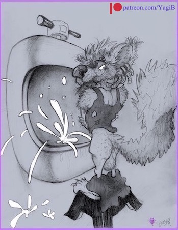 anthro bodily_fluids canid canine fox genital_fluids low_res male mammal solo toony unknown_character urinal urine watersports yagi_b._(artist)
