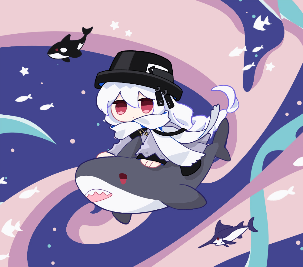 1girl arknights black_headwear blue_background bucket_hat chibi commentary_request dress fish full_body grey_dress grey_hair hat long_hair long_sleeves looking_at_viewer multicolored_background orca pink_background red_eyes riding scarf shark solo soppos specter_(arknights) specter_(undercurrent)_(arknights) star_(symbol) swordfish tropical_fish white_scarf