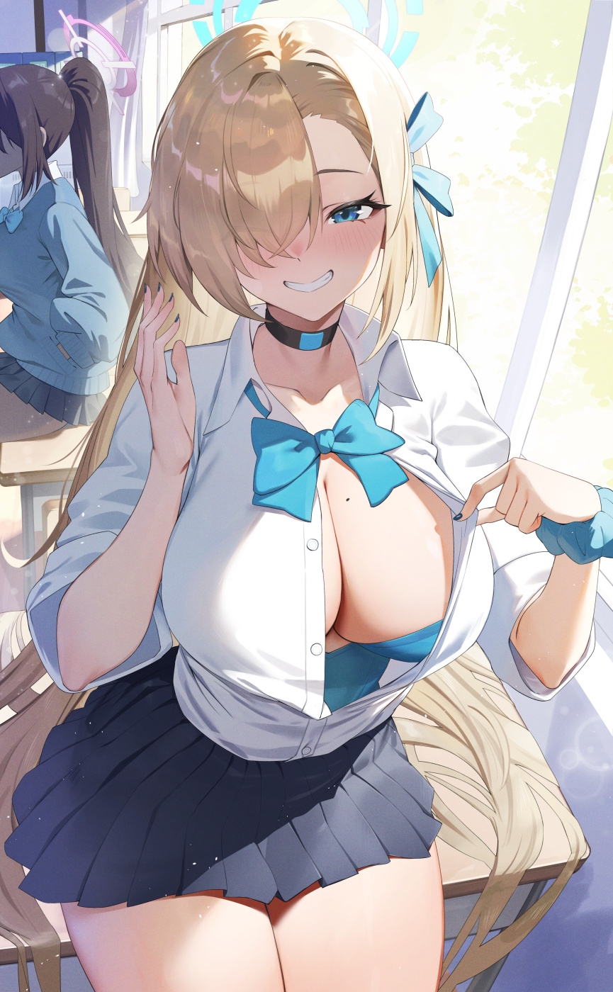 2girls asuna_(blue_archive) black_choker black_skirt blonde_hair blue_archive blue_bow blue_bowtie blue_halo blue_ribbon blue_scrunchie blush bow bowtie breasts choker classroom cleavage collared_shirt hair_over_one_eye hair_ribbon halo highres indoors karin_(blue_archive) large_breasts long_hair looking_at_viewer mole mole_on_breast multiple_girls one_eye_covered partially_unbuttoned pleated_skirt raijuu_(bakanara) ribbon scrunchie shirt shirt_tucked_in sitting skirt smile solo_focus thighs white_shirt window wrist_scrunchie