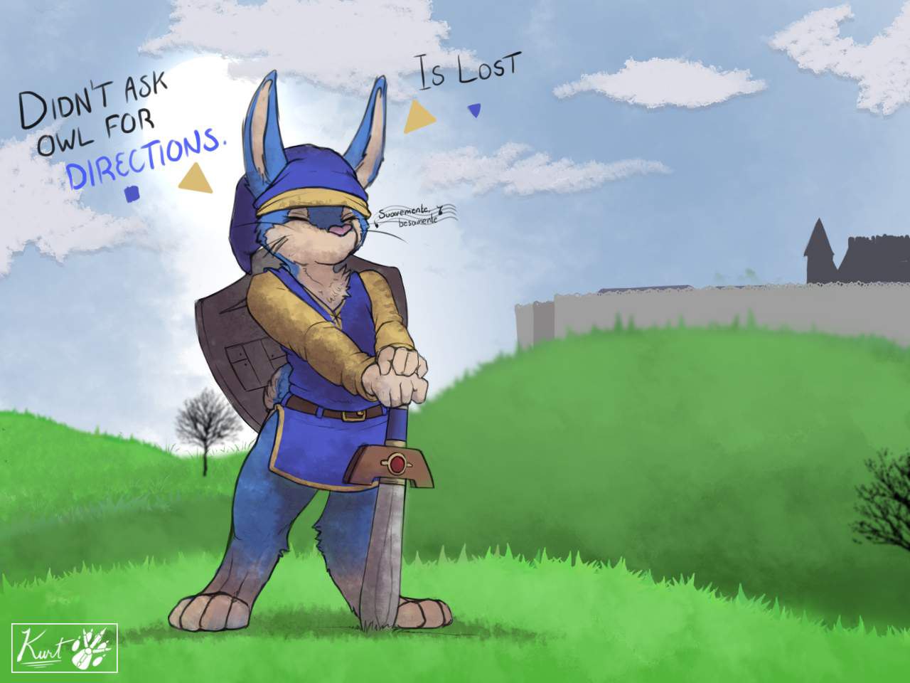 anthro ascot_the_herro_(geno28) blue_clothing bottomless clothed clothing day detailed_background dialogue english_text eyes_closed geno28 geno28_(artist) grass hat headgear headwear humor hylian_shield lagomorph leporid male mammal melee_weapon nintendo ocarina_of_time outside plant princess_zelda rabbit shield shirt solo sword sword_in_ground text the_legend_of_zelda topwear town tree tunic watermark weapon