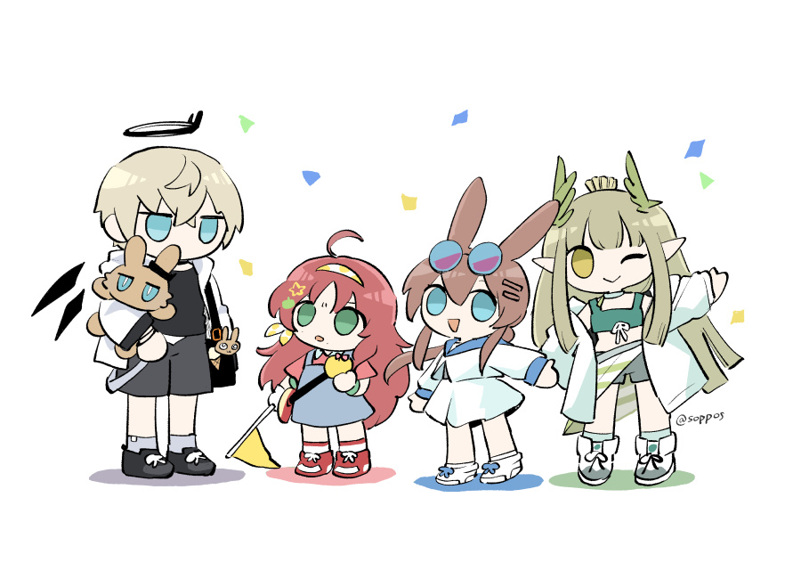 1boy 3girls :&gt; :o amiya_(arknights) animal_ears arknights black_bag black_footwear black_shirt black_shorts blonde_hair blue-tinted_eyewear blue_dress blue_eyes brown_hair brown_shorts chibi choshanland_plushy_(arknights) closed_mouth colored_shadow commentary_request crop_top dress executor_(arknights) eyewear_on_head flag green_eyes green_shirt hairband halo holding holding_flag holding_stuffed_toy jacket laurel_crown long_hair muelsyse_(arknights) multiple_girls myrtle_(arknights) one_eye_closed open_mouth pointy_ears rabbit_ears rabbit_girl red_footwear red_hair shadow shirt short_hair shorts signature simple_background soppos stuffed_toy tinted_eyewear white_background white_dress white_footwear white_jacket wings