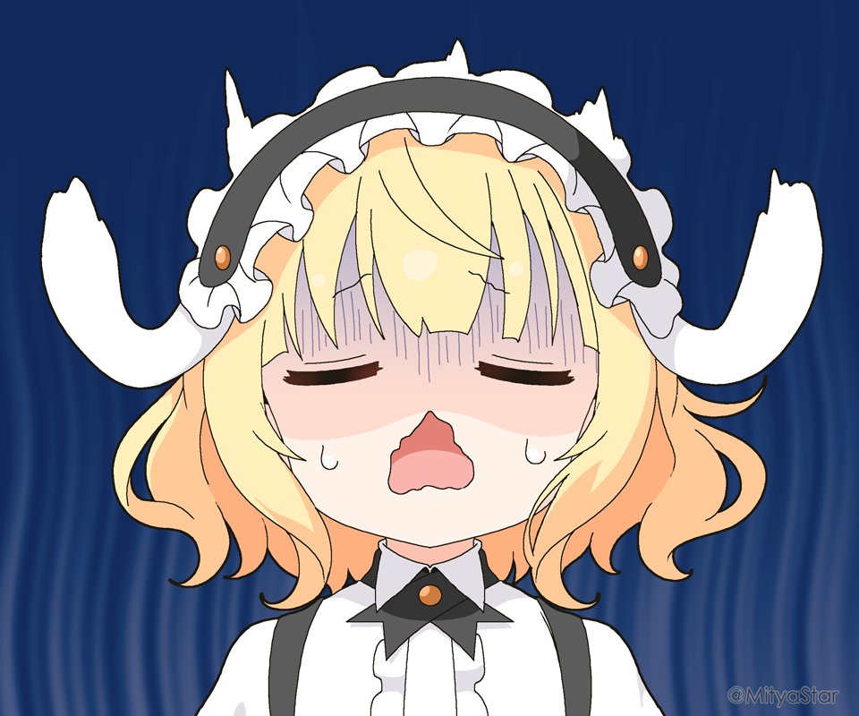 1girl animal_ears black_hairband blonde_hair closed_eyes collared_shirt commentary_request facing_viewer fake_animal_ears fleur_de_lapin_uniform floppy_ears frilled_hairband frills gochuumon_wa_usagi_desu_ka? hairband kirima_syaro mitya open_mouth rabbit_ears shirt solo turn_pale twitter_username uniform upper_body waitress wavy_mouth white_shirt