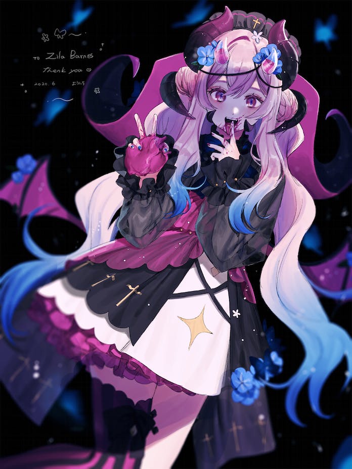 1girl black_dress black_horns black_thighhighs blood blue_butterfly blue_flower blue_hair blurry bug butterfly commentary commission cowboy_shot cross cross_print dark_background demon_girl demon_wings dress english_commentary fingernails flower frilled_dress frilled_sleeves frills gradient_hair gradient_horns hair_between_eyes hair_flower hair_intakes hair_ornament heart_(organ) holding horns jpeg_artifacts latin_cross layered_dress licking licking_finger light_particles long_hair long_sleeves looking_at_viewer maid_headdress making-of_available multicolored_hair multicolored_horns open_mouth original pink_blood pink_eyes pink_hair pink_horns sidelocks single_thighhigh skeb_commission smile solo standing teeth thank_you thighhighs tongue tongue_out upper_teeth_only v wavy_hair wings youichi_(45_01)