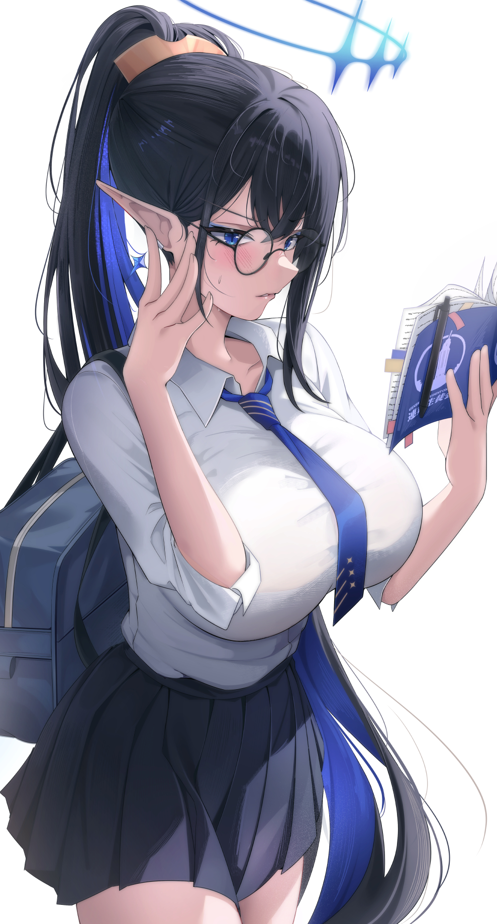 1girl bag black_hair black_skirt blue_archive blue_eyes blue_hair blue_halo blue_necktie blush book breasts collared_shirt colored_inner_hair cowboy_shot earrings giga-tera glasses halo highres holding holding_book jewelry large_breasts long_hair multicolored_hair necktie open_book open_mouth pen pleated_skirt pointy_ears rin_(blue_archive) school_bag shirt simple_background skirt solo very_long_hair white_background white_shirt