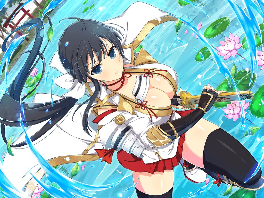 1girl afloat ahoge architecture armor black_hair black_thighhighs blue_eyes blush bow breasts bush chinese_knot choker cleavage coattails east_asian_architecture falling_leaves flower grass hair_bow holding holding_sword holding_weapon ikaruga_(senran_kagura) japanese_armor japanese_clothes kote kurokote large_breasts leaf lily_pad long_coat long_hair looking_at_viewer lotus low_ponytail miniskirt official_alternate_costume official_alternate_hairstyle official_art ootachi outdoors pink_flower plant pleated_skirt pond red_choker saya_(scabbard) scabbard senran_kagura senran_kagura_new_link senran_kagura_shoujo-tachi_no_shin'ei sheath shiny_skin shoulder_armor skirt smile sode solo splashing suneate sword thighhighs torii tree unsheathing very_long_hair water water_drop water_lily_flower weapon white_footwear yaegashi_nan