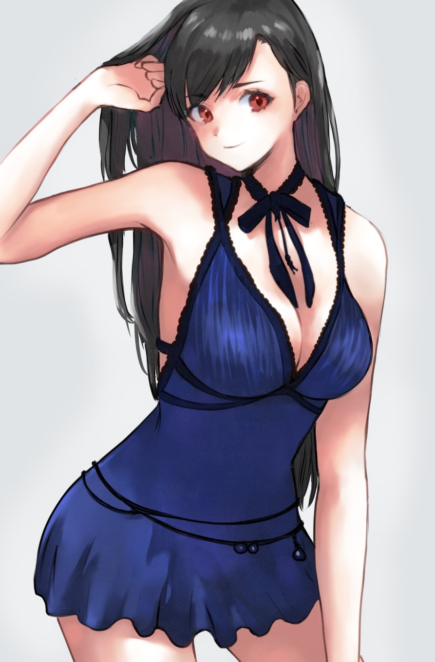 1girl bare_arms bare_shoulders black_hair blue_dress blue_negligee breasts choker cleavage closed_mouth cowboy_shot dress final_fantasy final_fantasy_vii final_fantasy_vii_remake grey_background hand_in_own_hair highres large_breasts lingerie long_hair negligee official_alternate_costume pulupulupoodle red_eyes ribbon_choker short_dress smile solo tifa_lockhart tifa_lockhart_(refined_dress) underwear