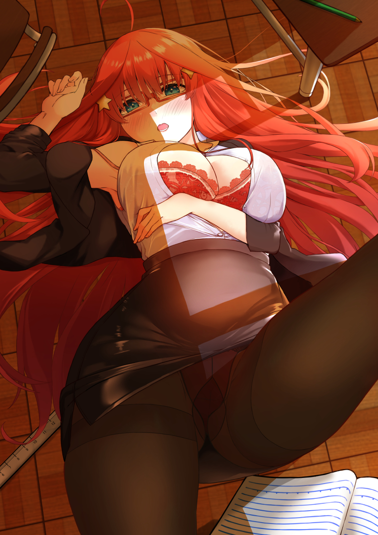 1girl ahoge arm_under_breasts arm_up armpits ass_visible_through_thighs black_pantyhose black_skirt blue_eyes blush bra breasts cleavage fallen_down feet_out_of_frame go-toubun_no_hanayome gusset hair_ornament hairclip indoors lace lace_bra large_breasts long_hair looking_at_viewer lying nakano_itsuki notebook off_shoulder on_back on_floor open_clothes open_mouth open_shirt panties pantyhose rectangular_eyewear red_bra red_hair red_panties ruler shirt skirt solo star_(symbol) star_hair_ornament teacher thighband_pantyhose thighs underwear white_shirt yakutashi