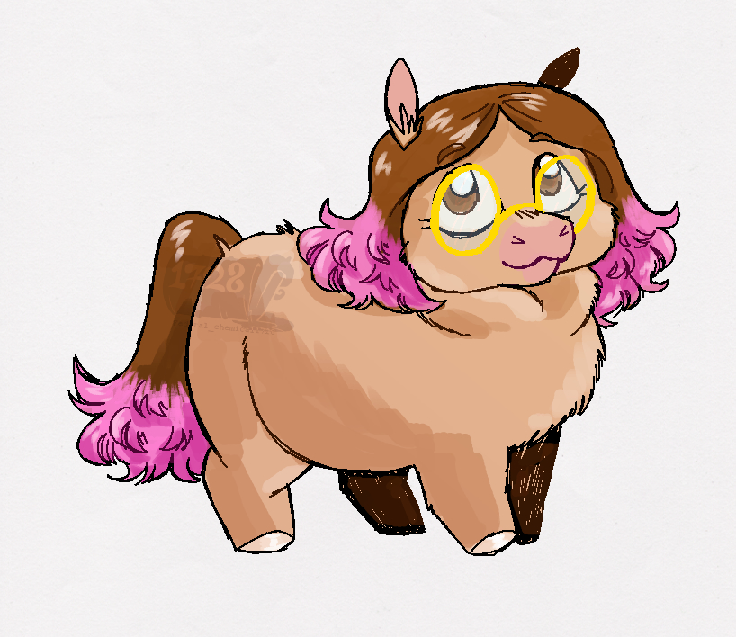2024 ambiguous_gender brown_eyes brown_mane brown_tail digital_drawing_(artwork) digital_media_(artwork) eyelashes eyewear federalchemical1728 feral fluffy_pony fluffy_pony_(species) full-length_portrait fur glasses highlights_(coloring) hooves mammal mane overweight overweight_feral pink_highlights portrait round_glasses shaded simple_background smile snout solo standing tail tan_body tan_fur tan_hooves unguligrade watermark wearing_glasses white_background yellow_eyewear yellow_glasses