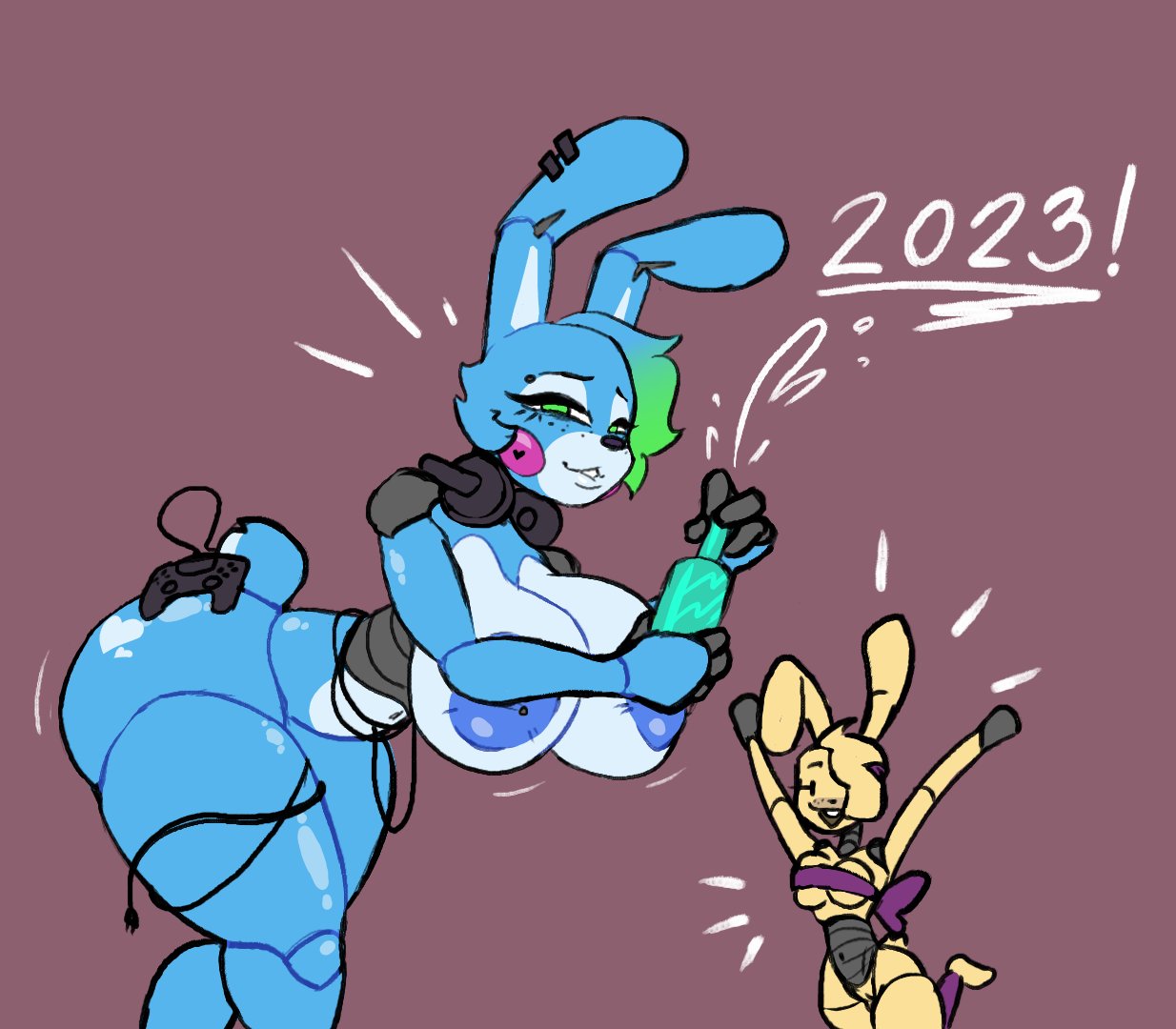 animatronic anthro big_breasts bottle breasts container controller cord duo ear_piercing electronics exclamation_point female five_nights_at_freddy's five_nights_at_freddy's_2 game_controller green_eyes headphones lagomorph leporid machine mammal piercing rabbit robot scottgames spring_bonnie_(fnaf) stormkinght toy_bonnie_(fnaf)