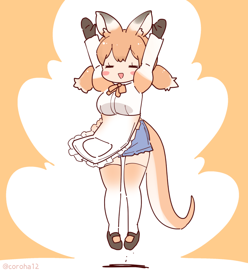 1girl animal_ears apron arms_up bow bowtie brown_hair coroha extra_ears full_body gloves jumping kangaroo_ears kangaroo_girl kangaroo_tail kemono_friends long_hair looking_at_viewer orange_background red_kangaroo_(kemono_friends) shirt shoes shorts simple_background solo tail thighhighs twintails