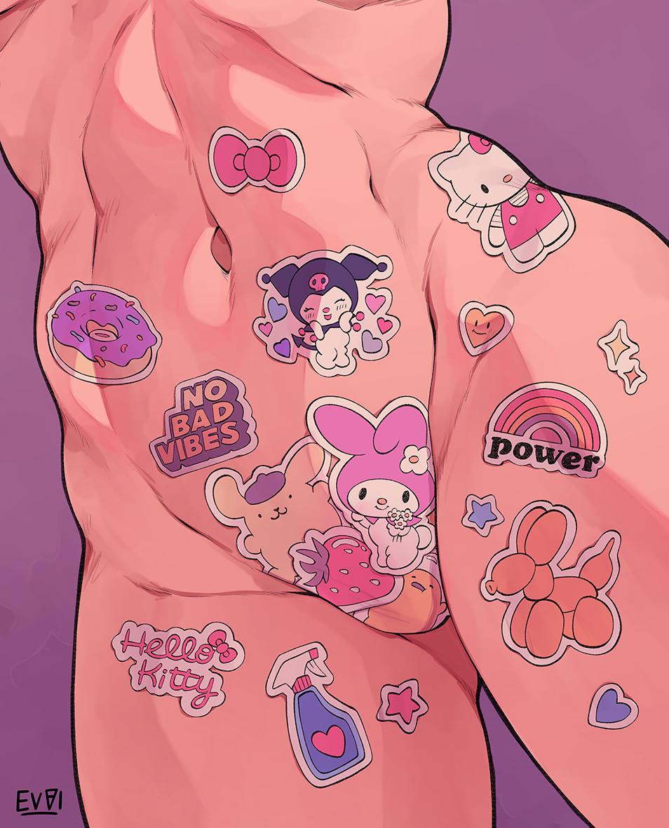 1girl artist_logo bow_sticker character_sticker commentary emmanuel_viola english_commentary english_text heart_stickers hello_kitty hello_kitty_(character) lower_body maebari navel nude original paid_reward_available pink_background rainbow_sticker sanrio simple_background solo star_sticker sticker_on_leg sticker_on_stomach thighs