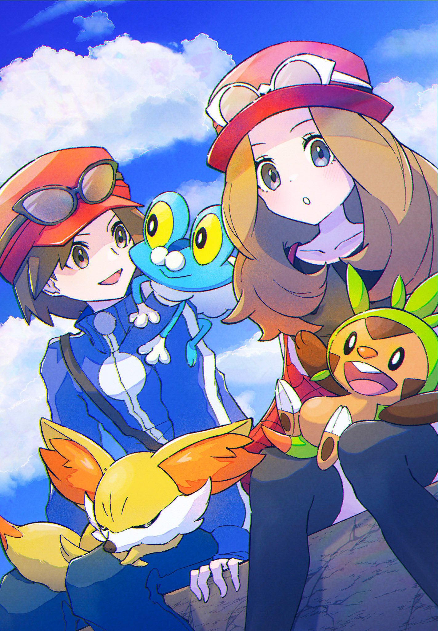 1boy 1girl anidf bag black_thighhighs blue_jacket calem_(pokemon) chespin cloud collarbone commentary day eyelashes eyewear_on_headwear fennekin froakie grey_eyes handbag hat highres jacket on_shoulder outdoors pants parted_lips pink_headwear pokemon pokemon_(creature) pokemon_on_shoulder pokemon_xy red_headwear serena_(pokemon) shirt sitting sky starter_pokemon_trio sunglasses thighhighs