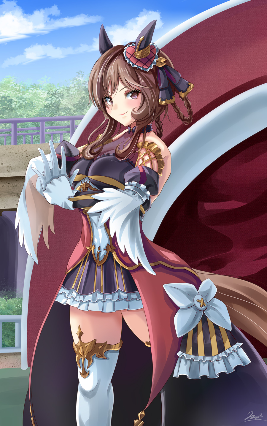 1girl animal_ears braided_hair_rings breasts brown_eyes brown_hair choker cleavage cloud commentary detached_sleeves ear_ornament feet_out_of_frame gentildonna_(umamusume) gloves hair_ornament highres horse_ears horse_girl horse_tail lace lace_choker long_hair looking_at_viewer outdoors palm-fist_greeting podium puffy_detached_sleeves puffy_sleeves see-through sidelocks smile solo tail thighhighs umamusume white_gloves white_thighhighs yumibakama_meme