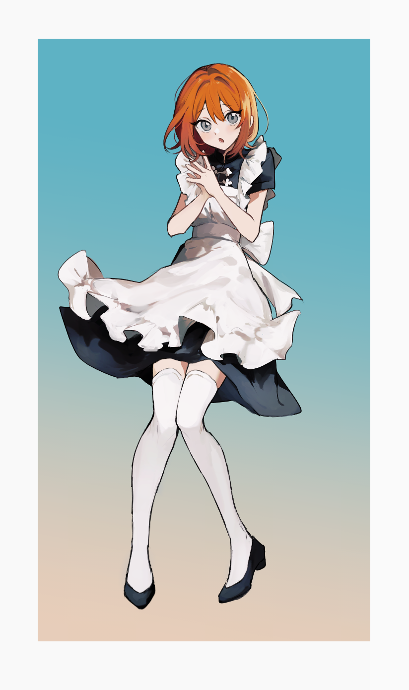 1girl :o apron black_dress black_footwear blue_background border brown_background dress flats floating full_body gradient_background grey_eyes hair_between_eyes highres looking_at_viewer lower_teeth_only maid maid_apron medium_hair mochiosamu_ron open_mouth orange_hair original own_hands_together parted_lips short_sleeves sidelocks teeth thighhighs two-tone_background white_apron white_border white_thighhighs zettai_ryouiki