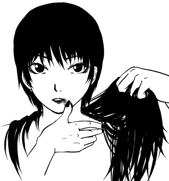 commentary_request eyelashes fingernails greyscale lipstick looking_at_viewer makeup male_focus maroxxtanaka monochrome moyashimon otoko_no_ko simple_background sketch smeared_lipstick solo upper_body white_background wig wig_removed yuuki_kei