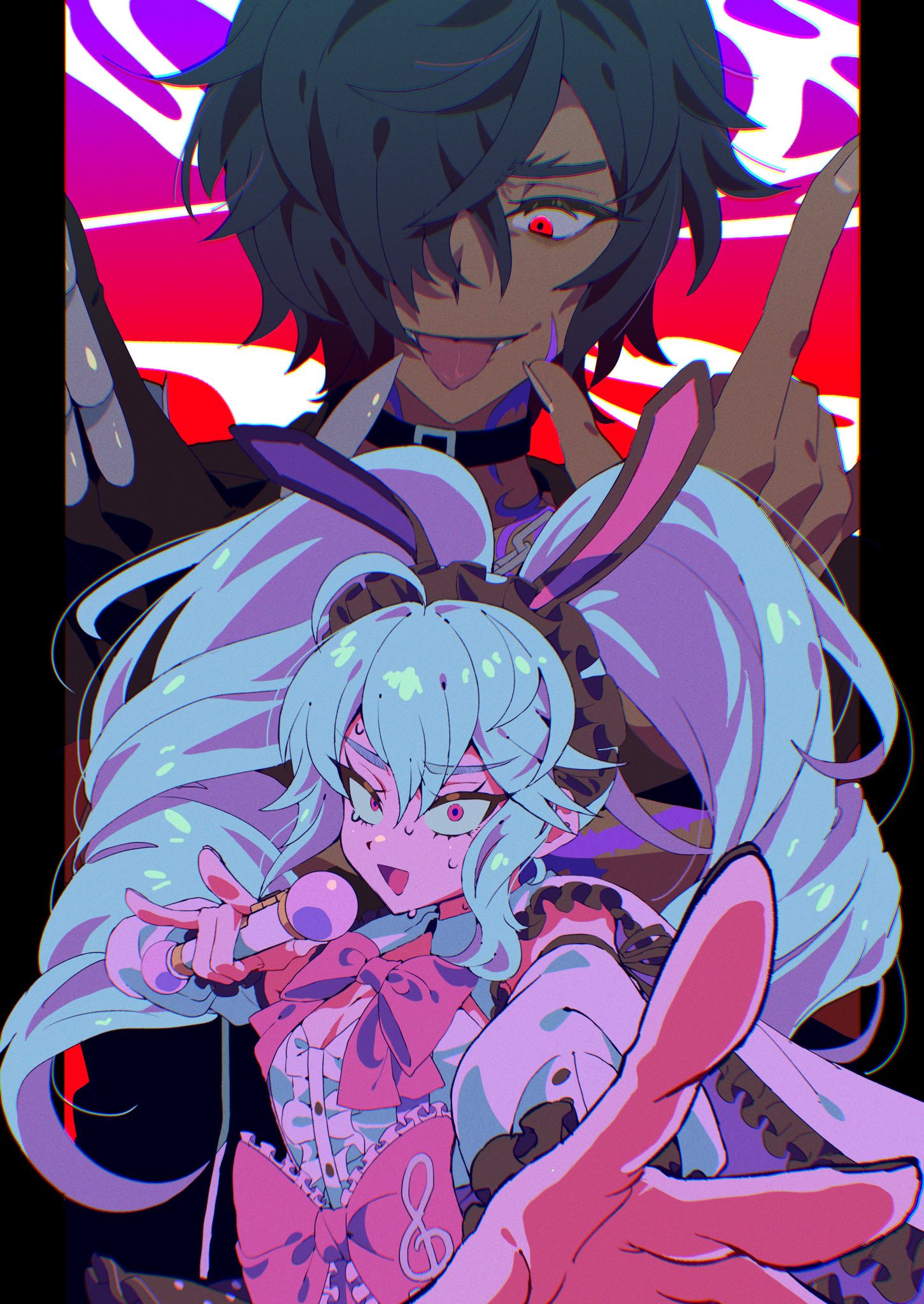 1boy 1girl \m/ animal_ear_hairband animal_ears black_hair black_hairband black_jacket blue_hair center_frills commentary_request constricted_pupils dark-skinned_male dark_skin detached_sleeves drill_hair evil_smile fake_animal_ears frills furrowed_brow hair_between_eyes hair_over_one_eye hairband highres holding holding_microphone idol_land_pripara jacket katasumi_amari long_hair long_sleeves looking_at_another looking_at_viewer looking_down mario_(pripara) microphone musical_note nervous_smile nervous_sweating open_mouth outstretched_arm pink_eyes pretty_series pripara puffy_detached_sleeves puffy_sleeves rabbit_ear_hairband rabbit_ears reaching reaching_towards_viewer red_eyes shirt short_hair smile standing sweat tongue tongue_out tsujii_ruki twin_drills twintails upper_body very_long_hair white_shirt
