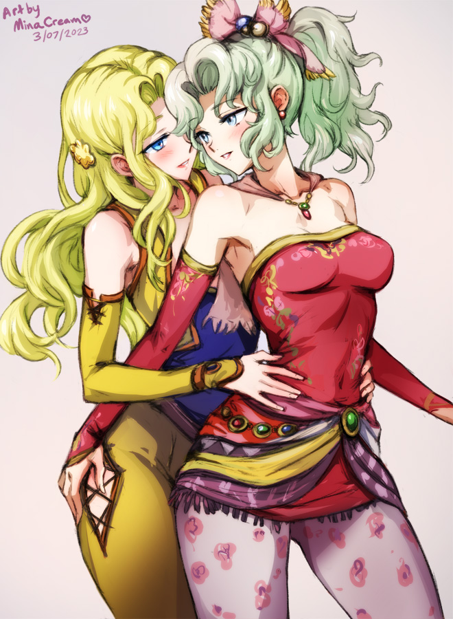 2023 2girls artist_name blonde_hair blue_eyes bodysuit breasts celes_chere cleavage collarbone covered_navel dated detached_sleeves earrings eye_contact final_fantasy final_fantasy_vi green_hair grey_background grey_eyes hair_intakes hands_on_another's_hips hip_vent imminent_kiss jewelry long_hair long_sleeves looking_at_another medium_breasts mina_cream multiple_girls necklace pantyhose parted_lips pink_pantyhose ponytail print_pantyhose red_sleeves strapless terra_branford yellow_bodysuit yellow_sleeves yuri