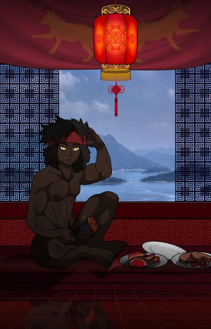 aleone amber_eyes athletic bandanna barefoot canine china chinese dark_skin dish eating fomorian food hair human human_only jackal knife long_hair mammal meal mountain muscular nude outside photo_background reataraunt sea sky solo water