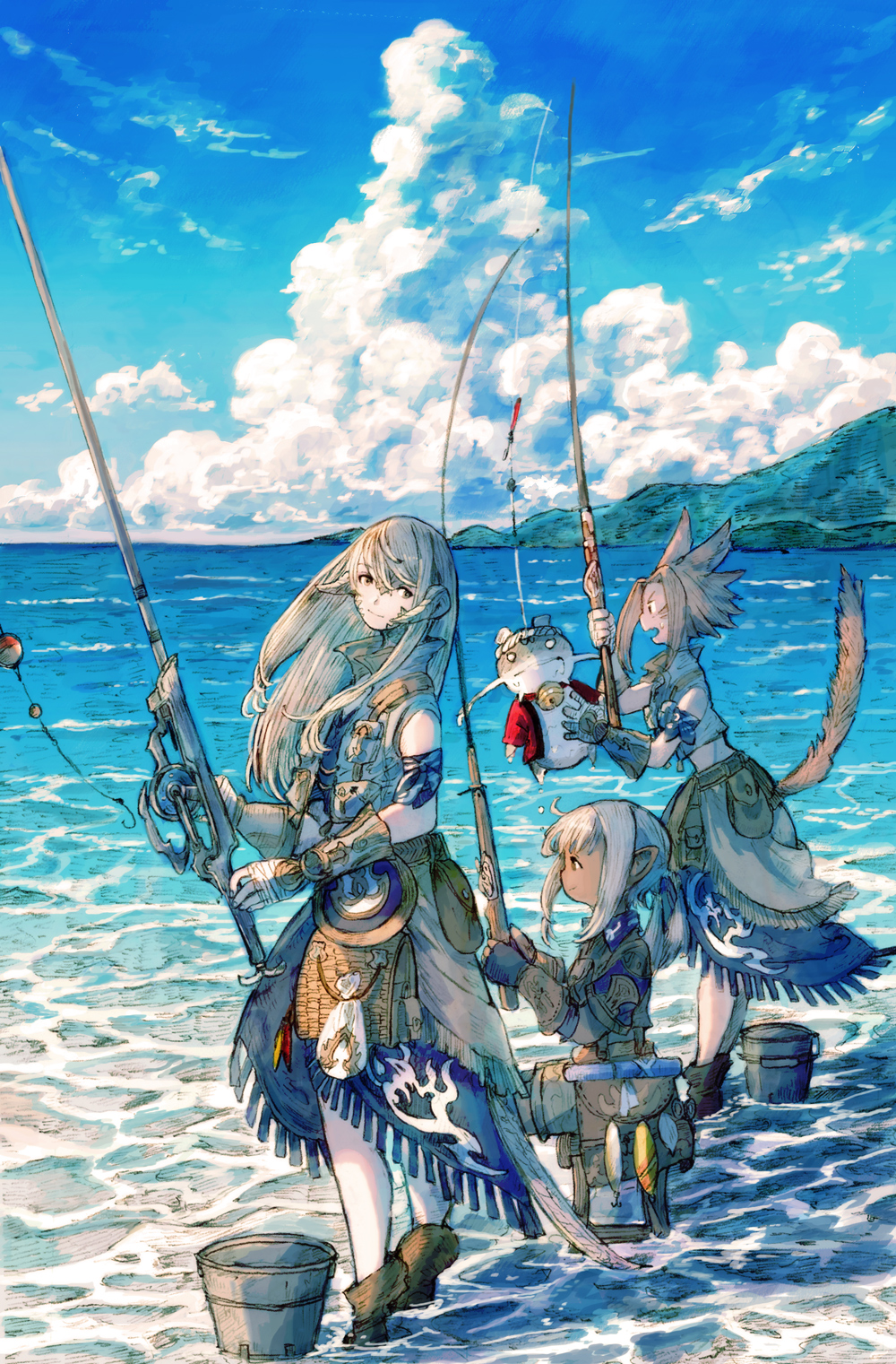 3girls animal_ears arm_guards armband au_ra bag beach bell belt black_footwear blonde_hair blue_skirt blue_sky brown_eyes brown_footwear bucket cat_ears cat_girl cat_tail cloud coat collared_coat collared_jacket cropped_jacket day dragon_girl dragon_horns dragon_tail final_fantasy final_fantasy_xiv fishing fishing_rod fringe_trim from_side full_body grey_coat grey_jacket grey_skirt hatching_(texture) high_collar highres holding holding_fishing_rod horizon horns jacket jingle_bell lalafell long_hair looking_to_the_side medium_hair miqo'te multiple_girls namazu neck_bell ocean outdoors peppermint_jet pointy_ears pouch scales scenery short_hair sidelocks sideways_glance sitting skirt sky sleeveless sleeveless_coat smile standing tail tail_raised warrior_of_light_(ff14) water white_hair