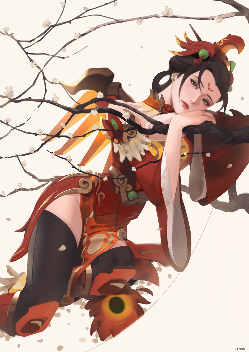 alternate_costume alternate_eye_color alternate_hair_color alternate_hairstyle artist_name brown_hair brown_legwear cherry_blossoms cowboy_shot dated earrings facial_mark forehead_mark green_eyes hair_ornament head_rest headdress highres jewelry jn3 looking_at_viewer mechanical_wings mercy_(overwatch) nose overwatch pelvic_curtain pink_lips signature simple_background solo stud_earrings thighhighs tree_branch white_background wide_sleeves wings yellow_wings zhuque_mercy