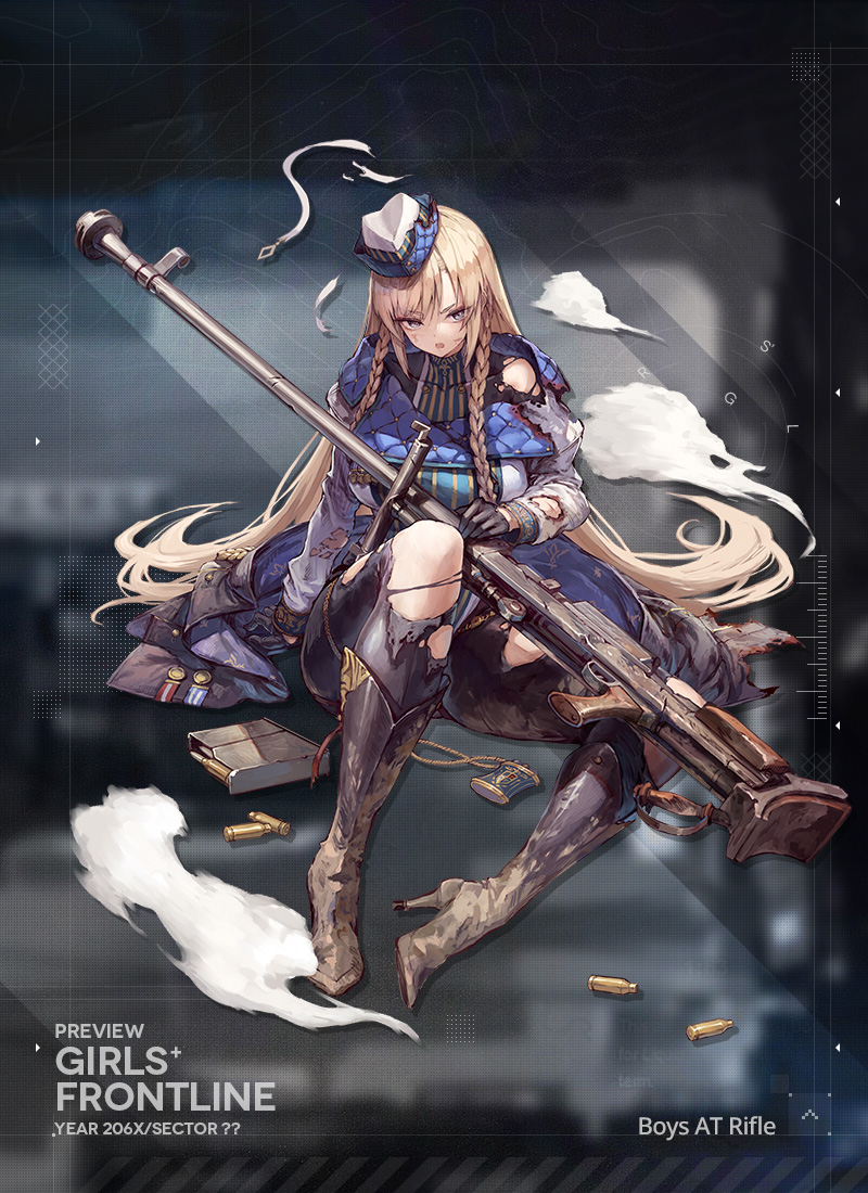 1girl anti-materiel_rifle black_eyes black_footwear black_gloves black_jacket black_pants blonde_hair blue_headwear boots boys_(girls'_frontline) boys_anti_tank_rifle braid clip_(weapon) dirty_footwear full_body girls'_frontline gloves gun half_gloves hand_on_own_hip hat high_heel_boots high_heels holding holding_gun holding_weapon jacket jacket_on_shoulders knee_boots leotard long_hair long_sleeves looking_at_viewer medal multicolored_clothes multicolored_headwear multicolored_leotard object_request official_art open_mouth pants puff_of_air rifle shell_casing simple_background sitting sniper_rifle solo striped_clothes striped_leotard suzuno_(bookshelf) third-party_source torn_clothes torn_hat torn_jacket torn_leotard torn_pants transparent_background twin_braids vertical-striped_clothes vertical-striped_leotard very_long_hair weapon white_headwear white_leotard