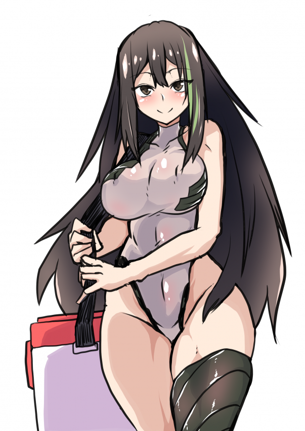 1girl alternate_costume black_hair blush breasts brown_eyes brown_hair carrying cooler girls'_frontline green_hair h_earth highleg large_breasts long_hair looking_at_viewer m4a1_(girls'_frontline) multicolored_hair one-piece_swimsuit single_thighhigh smile solo streaked_hair swimsuit thighhighs