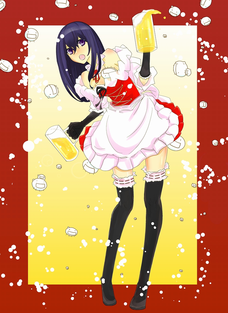 alcohol alternate_costume alternate_eye_color alternate_hair_color bare_shoulders beer beer_mug black_gloves black_legwear blue_hair border cerevisiae-tan commentary_request corset crossdressing cup detached_collar dirndl elbow_gloves german_clothes gloves gradient gradient_background holding holding_cup lace lace-trimmed_thighhighs leaning_to_the_side long_hair male_focus moyashimon mug neeharu open_mouth otoko_no_ko purple_eyes red_border solo spilling thighhighs yellow_background yuuki_kei zettai_ryouiki