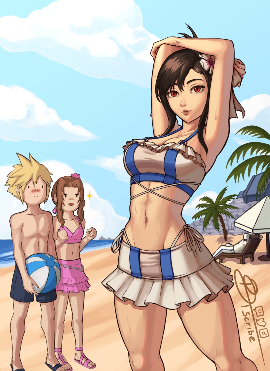 2boys 2girls aerith_gainsborough arms_up ball barret_wallace beach beachball bikini bikini_skirt black_hair blonde_hair breasts brown_eyes brown_hair cloud_strife dtscribe final_fantasy final_fantasy_vii final_fantasy_vii_rebirth final_fantasy_vii_remake flower frilled_bikini frills hair_flower hair_ornament highres large_breasts looking_at_viewer multiple_boys multiple_girls navel official_alternate_costume official_alternate_hairstyle sparkle stomach swimsuit tifa_lockhart toned