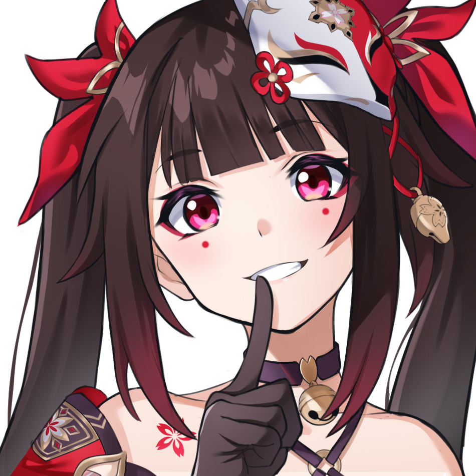 1girl :d bare_shoulders bell black_choker black_gloves blush bow brown_hair choker collarbone finger_to_mouth fox_mask gloves grin hair_bow head_tilt honkai:_star_rail honkai_(series) index_finger_raised long_hair looking_at_viewer mask mask_on_head neck_bell open_mouth portrait red_bow sidelocks simple_background smile solo sparkle_(honkai:_star_rail) teeth tokutei_(toku_0301) twintails white_background